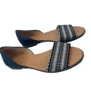 J CREW Sandals Women's 6 Leather Peep Toe Flat Black White Summer Flats Boho‎